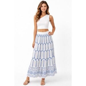 Commense Boho Blue & White Embroidered Maxi Skirt Flowing Tiered Summer Skirt S